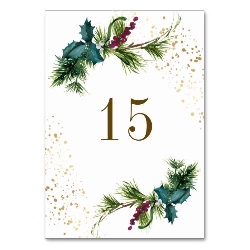 Christmas Evergreen Red Berries Winter Wedding Table Number