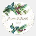 Christmas Evergreen Red Berry Winter Wedding Classic Round Sticker