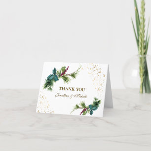 Christmas Evergreen Red Berry Winter Wedding Letterpress Thank You Card