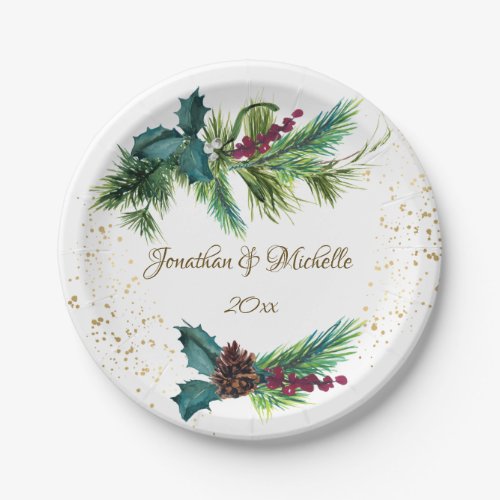 Christmas Evergreen Red Berry Winter Wedding Paper Plates