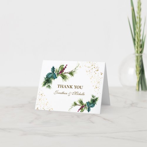 Christmas Evergreen Red Berry Winter Wedding Thank You Card