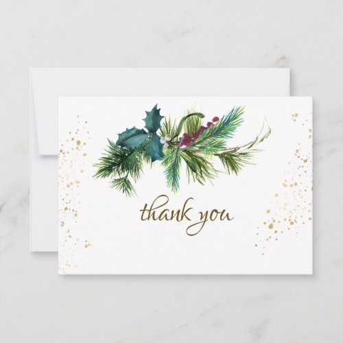 Christmas Evergreen Red Gold Winter Wedding Thank You Card