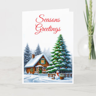 Christmas Evergreen Snowy Log Cabin Greeting Card