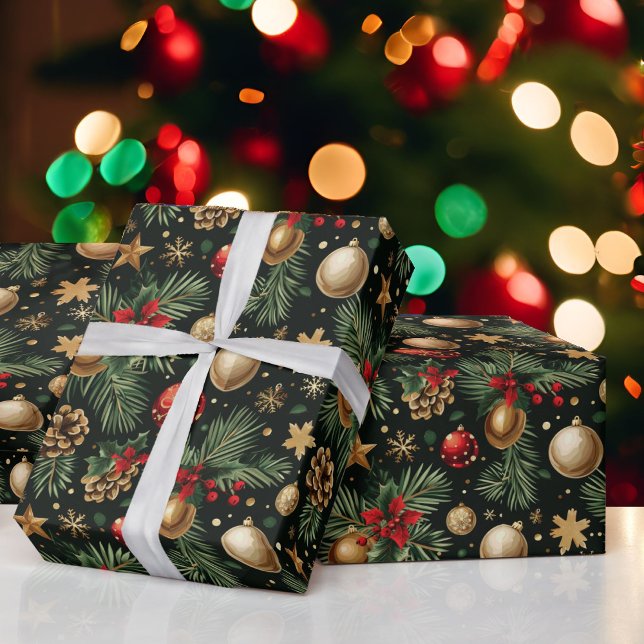 Christmas Evergreen Tree Ornaments Red Gold Wrapping Paper (Creator Uploaded)
