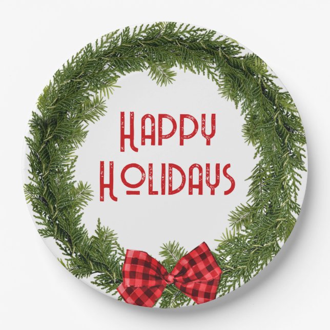 Christmas Evergreen Wreath with Plaid Bow Paper Plates (Front)