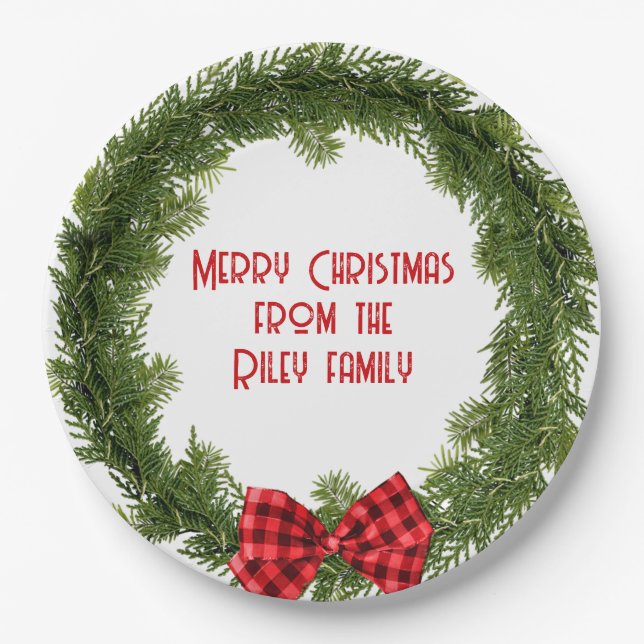 Christmas Evergreen Wreath with Plaid Bow Paper Plates (Front)