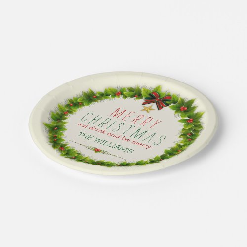 Christmas evergreens  red berries wreath paper plates