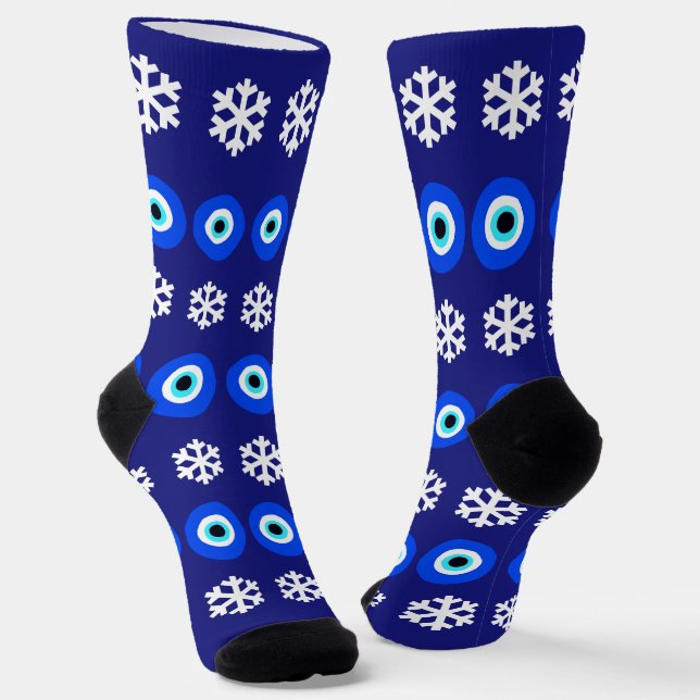 Christmas Evil Eye and Snowflakes Blue Patterned Socks (Angled)