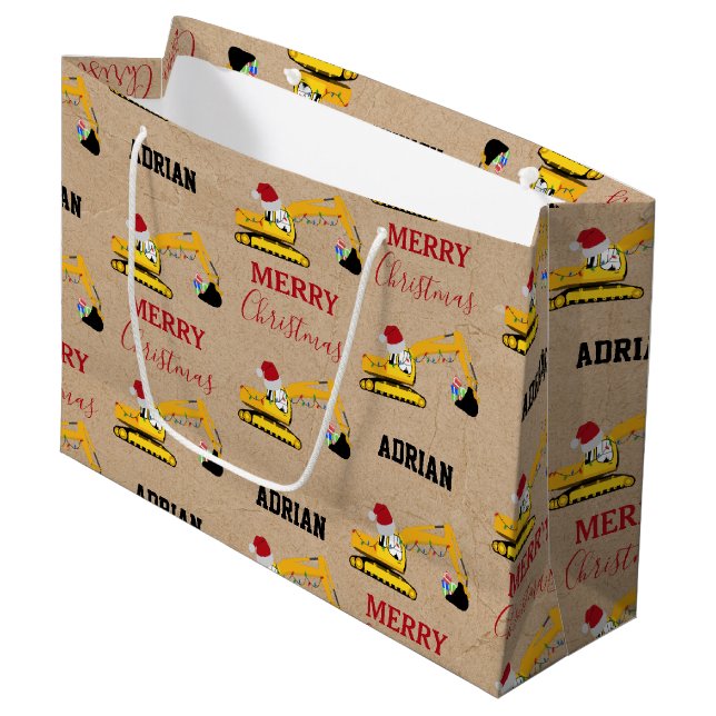 Christmas Excavator Construction Truck Custom Name Large Gift Bag (Front Angled)