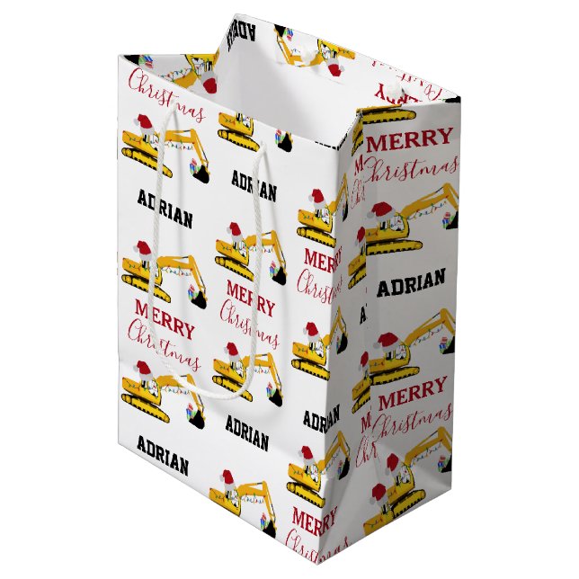 Christmas Excavator Construction Truck Custom Name Medium Gift Bag (Front Angled)