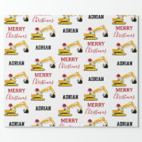 Christmas Backhoe Construction Truck Wrapping Paper, Zazzle