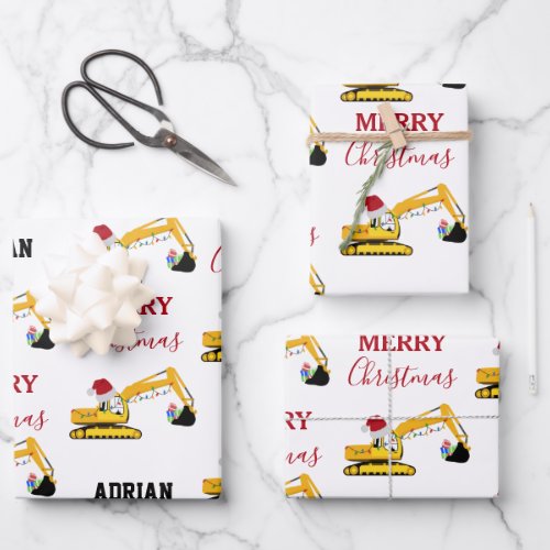 Christmas Excavator Construction Truck Custom Name Wrapping Paper Sheets