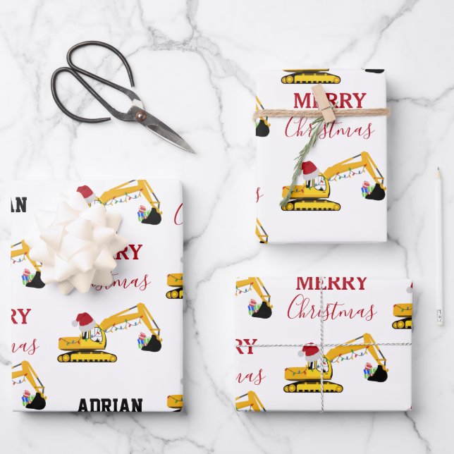 Christmas Excavator Construction Truck Custom Name Wrapping Paper Sheets (Front)