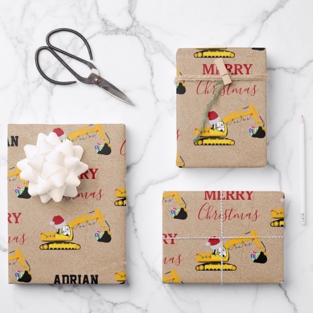 Christmas Excavator Construction Truck Custom Name Wrapping Paper Sheets (Front)