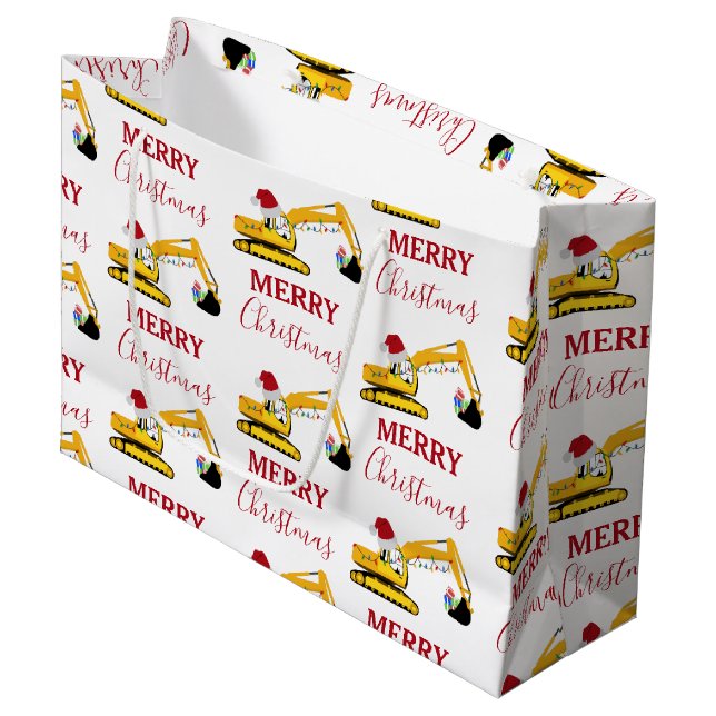 Christmas Excavator Construction Truck  Large Gift Bag (Front Angled)