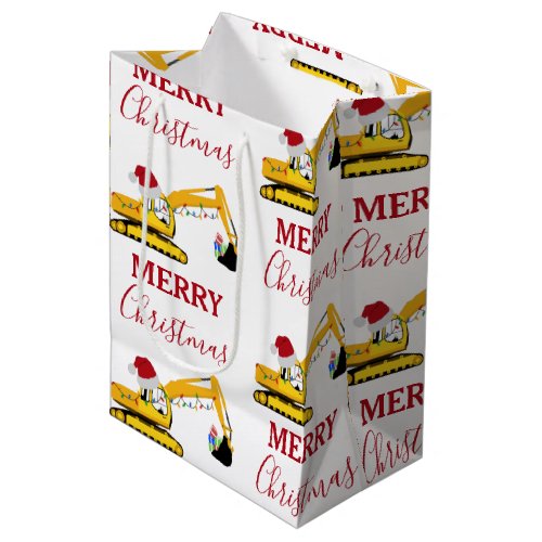 Christmas Excavator Construction Truck Medium Gift Bag