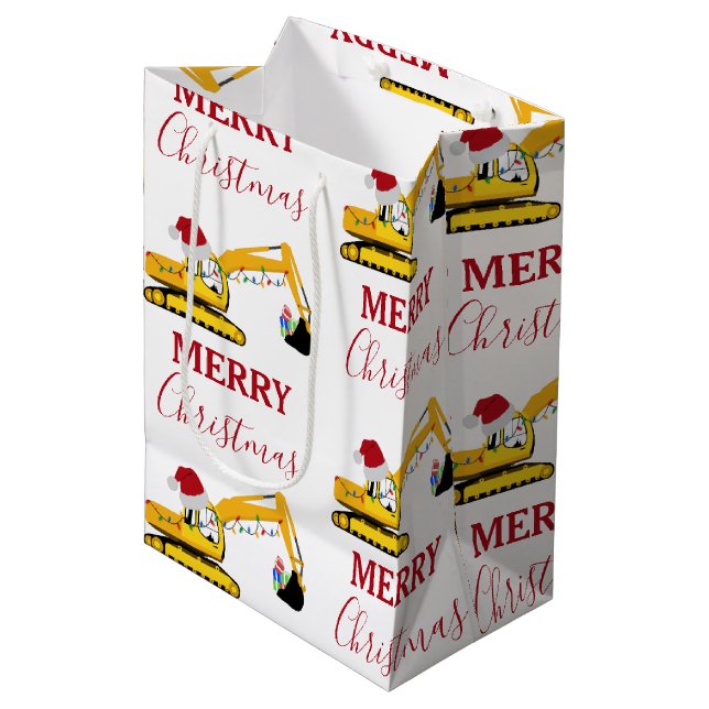 Christmas Excavator Construction Truck Medium Gift Bag (Front Angled)
