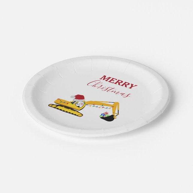 Christmas Excavator Construction Truck  Paper Plates (Angled)