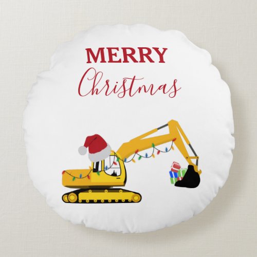 Christmas Excavator Construction Truck  Round Pillow