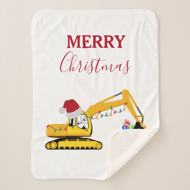 Christmas Excavator Construction Truck Sherpa Blanket (Front)