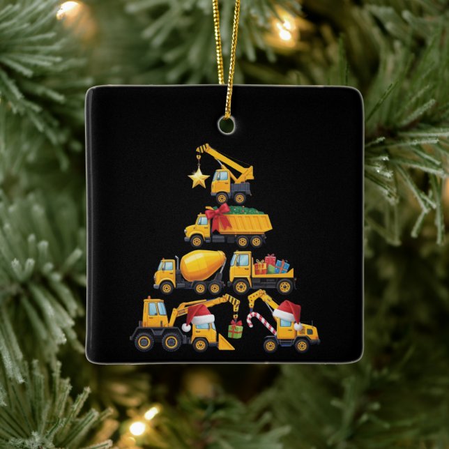 Christmas Excavator Construction Truck Tree Ceramic Ornament (Tree)