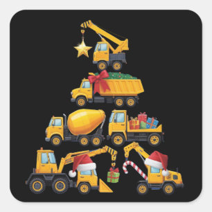 Christmas Excavator Construction Truck Tree Square Sticker