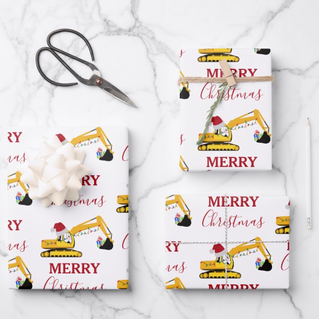 Christmas Excavator Construction Truck Wrapping Paper Sheets (Front)
