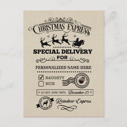Christmas Express Special Delivery NAUGHTY List Holiday Postcard