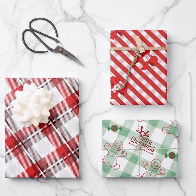 Christmas Fabric Plaid & Gingerbread Santa Wrapping Paper Sheets (Front)