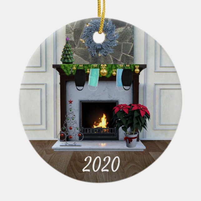 Christmas Face mask Fireplace Covid Funny 2020 Ceramic Ornament (Front)