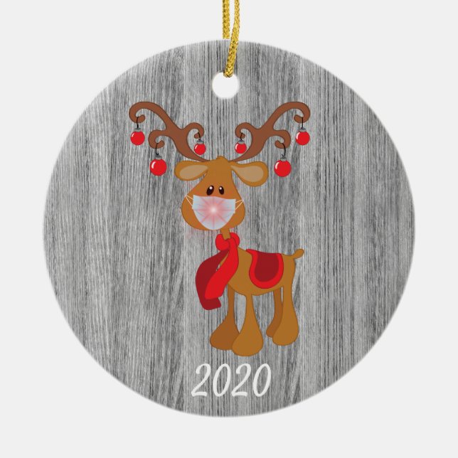 Christmas Face Mask Rudolph Reindeer 2020 Wood Ceramic Ornament (Front)