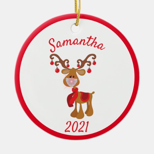 Christmas Face Mask Rudolph Reindeer 2021 Ceramic Ornament