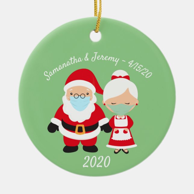 Christmas Face Mask Santa and Mrs. Claus Wedding Ceramic Ornament (Front)