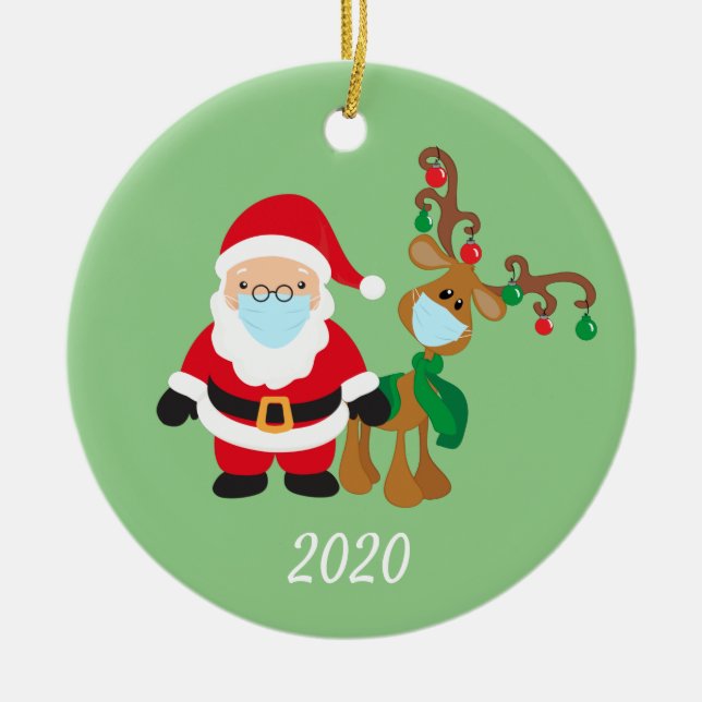 Christmas Face Mask Santa and Reindeer 2020 Name Ceramic Ornament (Front)