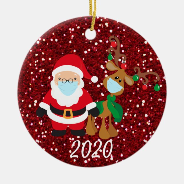 Christmas Face Mask Santa and Reindeer 2020 Sequin Ceramic Ornament (Front)