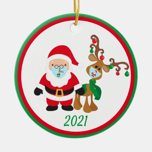 Christmas Face Mask Santa and Reindeer 2021 Border Ceramic Ornament