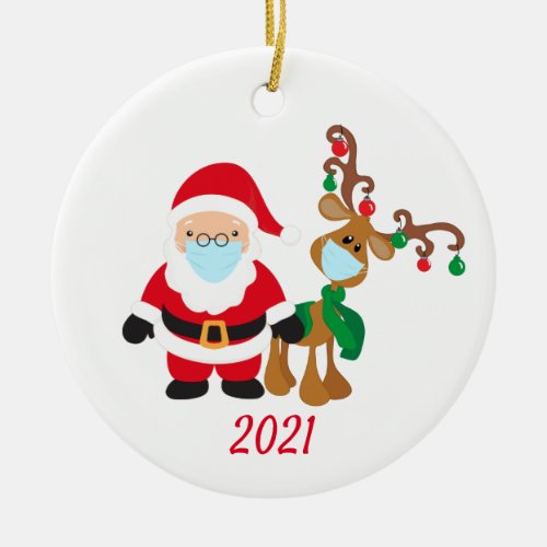 Christmas Face Mask Santa and Reindeer 2021 Ceramic Ornament