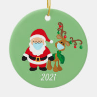 Christmas Face Mask Santa and Reindeer 2021 Ceramic Ornament