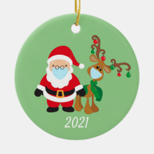 Christmas Face Mask Santa and Reindeer 2021 Ceramic Ornament