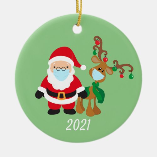 Christmas Face Mask Santa and Reindeer 2021 Ceramic Ornament