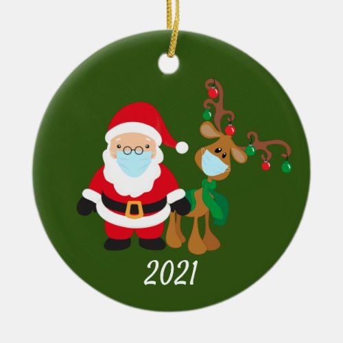 Christmas Face Mask Santa and Reindeer 2021 Ceramic Ornament