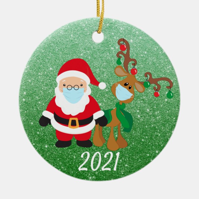Christmas Face Mask Santa Reindeer 2021 Glitter Ceramic Ornament (Front)