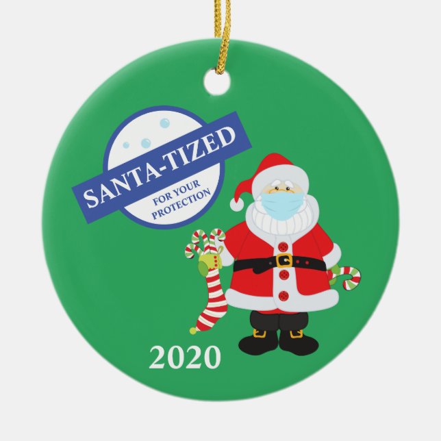 Christmas Face Mask Santa Santa-tized Funny Ceramic Ornament (Front)