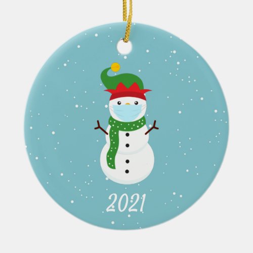 Christmas Face Mask Snowman 2021 Ceramic Ornament