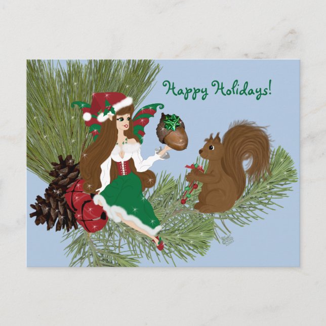 Christmas Faery and Squirrel Gift Giving Postcard (Front)