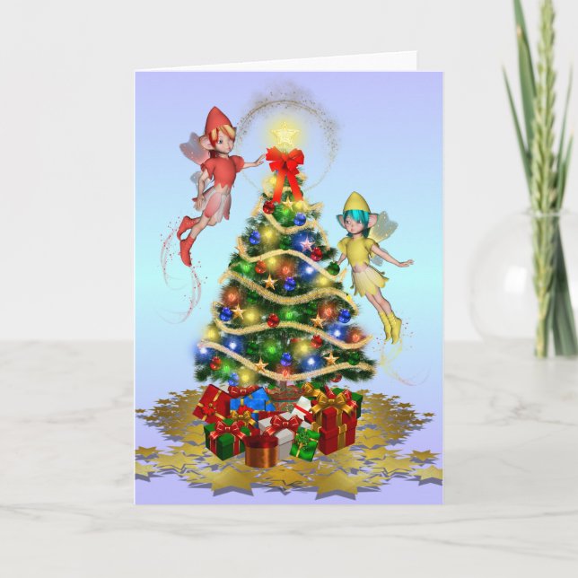 Christmas Fairies Decorating the Tree Holiday Card (Front)