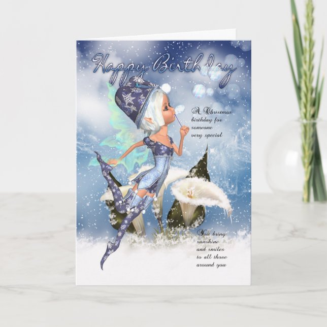 Christmas, Fairy Birthday Card - Fairy Blowing Bub (Front)