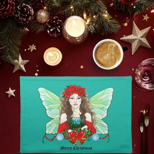Christmas Fairy Brunette Red Green Poinsettias Cloth Placemat (Creator Uploaded)