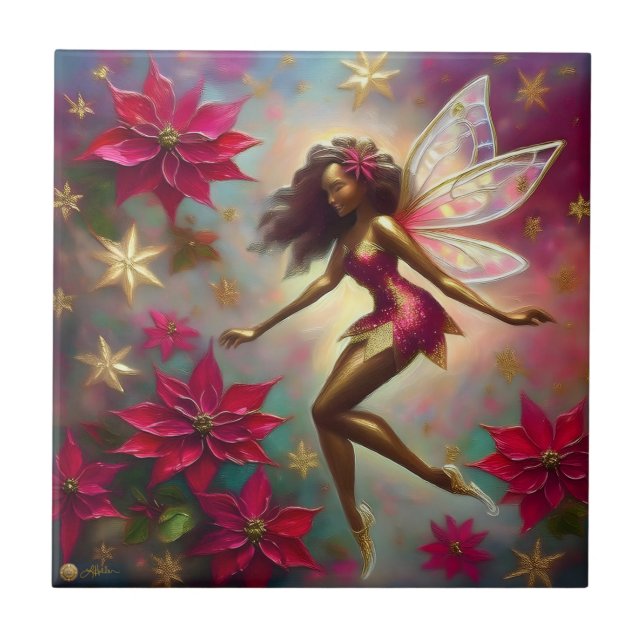 Christmas Fairy Collection - Brown Natural Hair Ceramic Tile (Front)