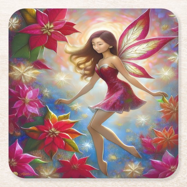 Christmas Fairy Collection - Reddish Brown Hair Square Paper Coaster (Front)